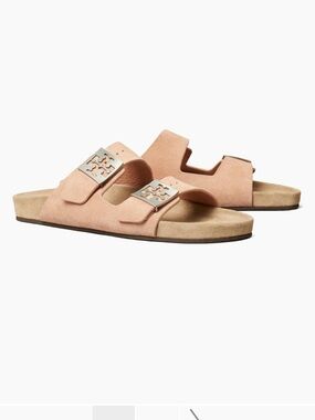 Tory Burch Pink Suede Double-Buckle Slide Sandal mellow slide